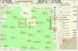 Archivní mapy - přiblížená katastrální území a nástroj Vybrat území obdélníkem