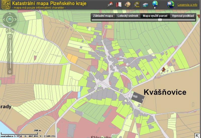 Katastrální mapa s barvami dle využití půdy na Portálu Plzeňského kraje